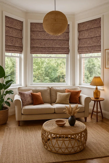 Roman blinds in vintage red botanical cotton blend fabric, styled in warm neutral living room with natural textures